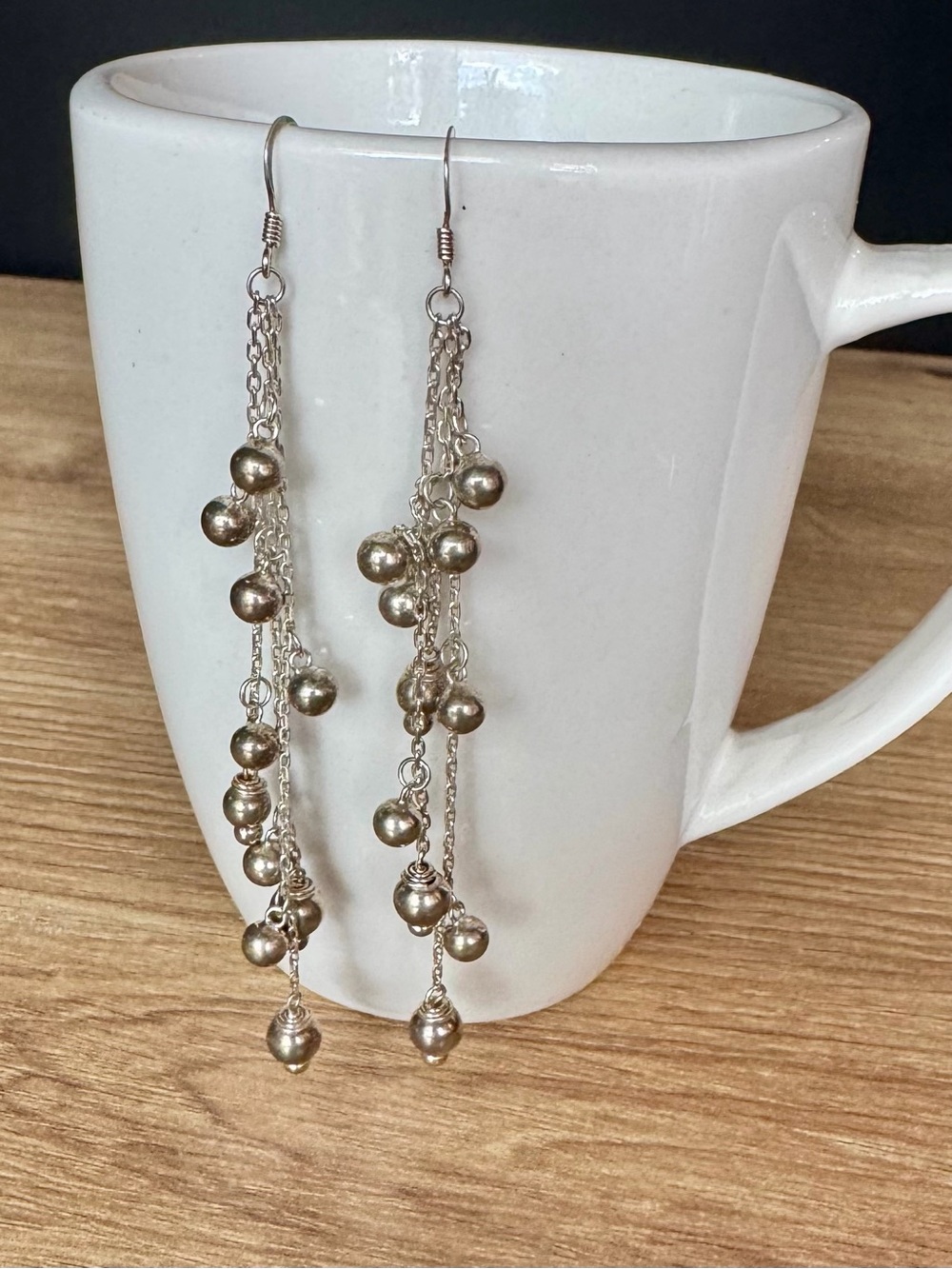 Vintage 925 Sterling Silver Multi Strand Ball Bead Tassel Dangle Earrings 4"
